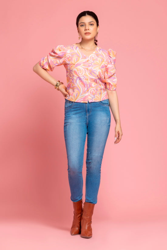 Casual Puff Pink Printed Top