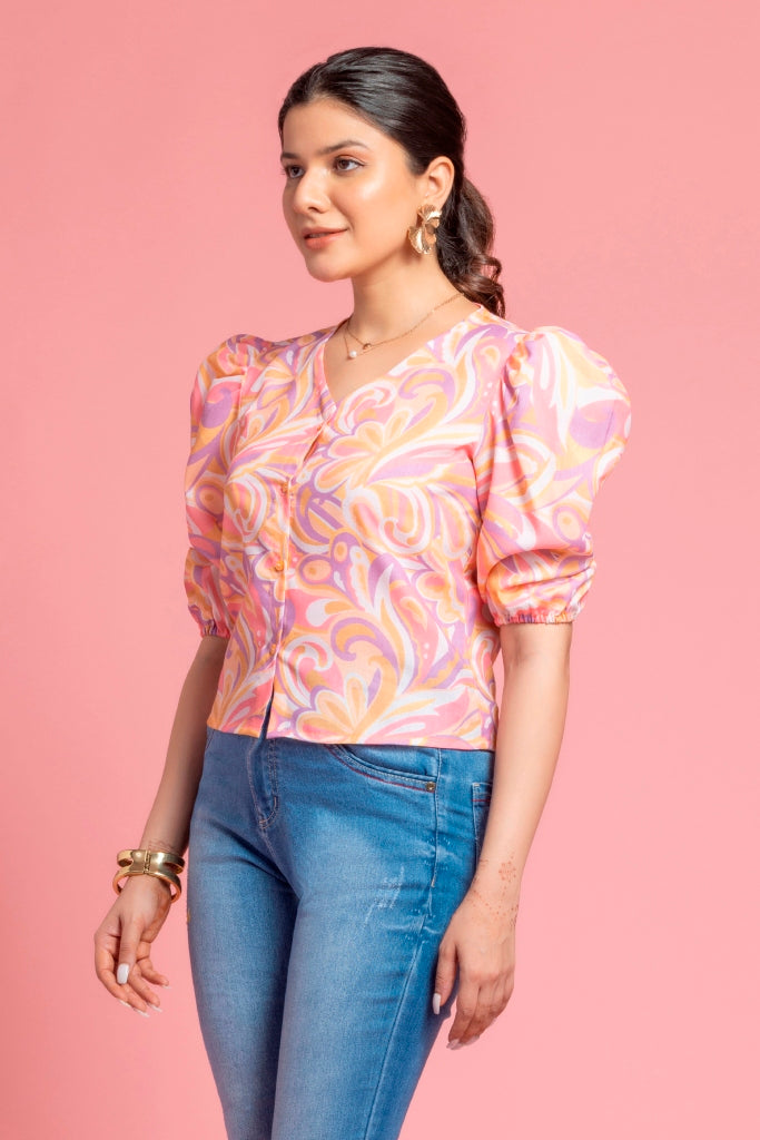 Casual Puff Pink Printed Top