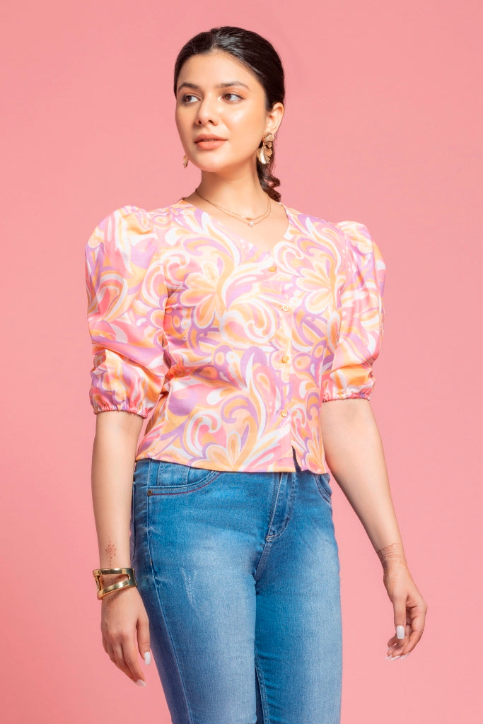 Casual Puff Pink Printed Top