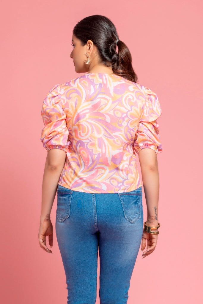 Casual Puff Pink Printed Top