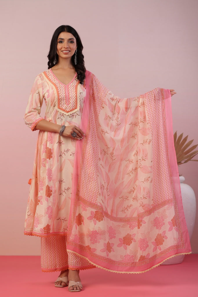 Jannat Pink Floral Cotton Anarkali Set