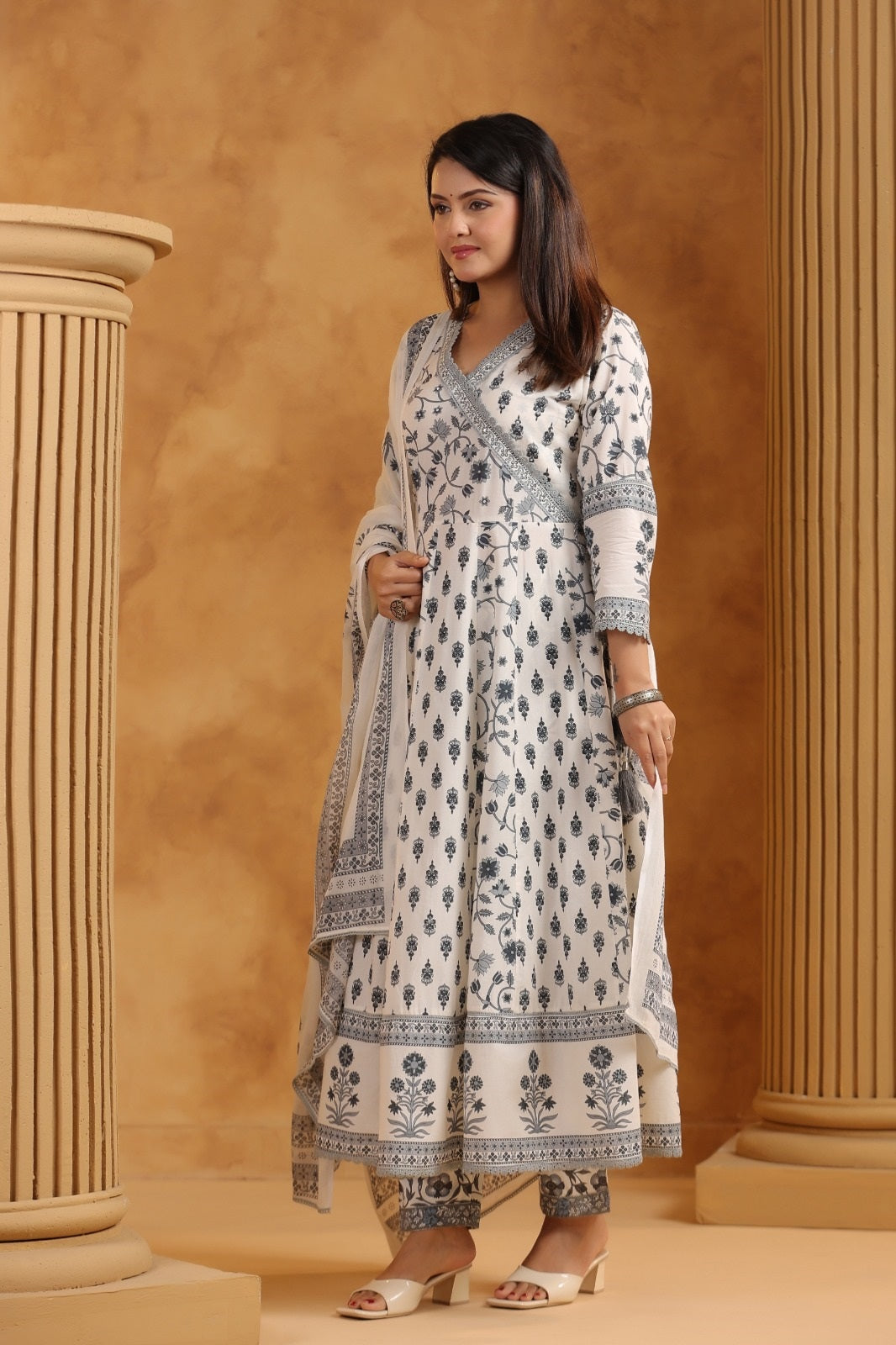 Ryza Grey Cotton Anarkali Suit Set