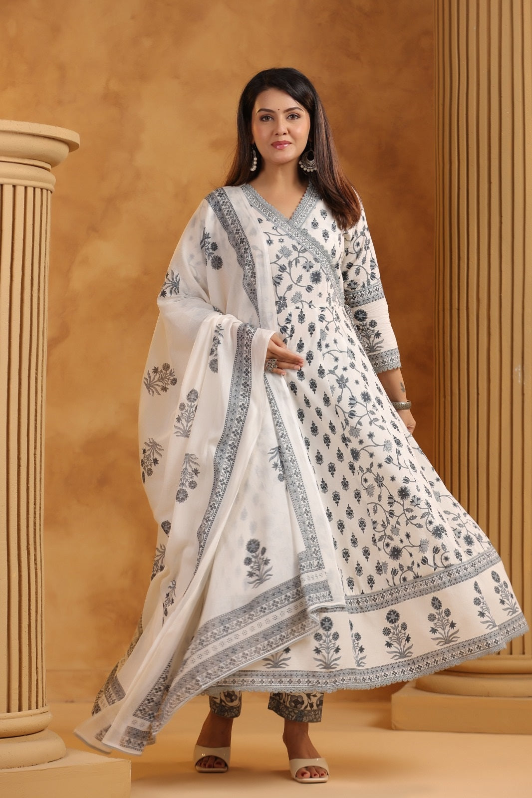 Ryza Grey Cotton Anarkali Suit Set