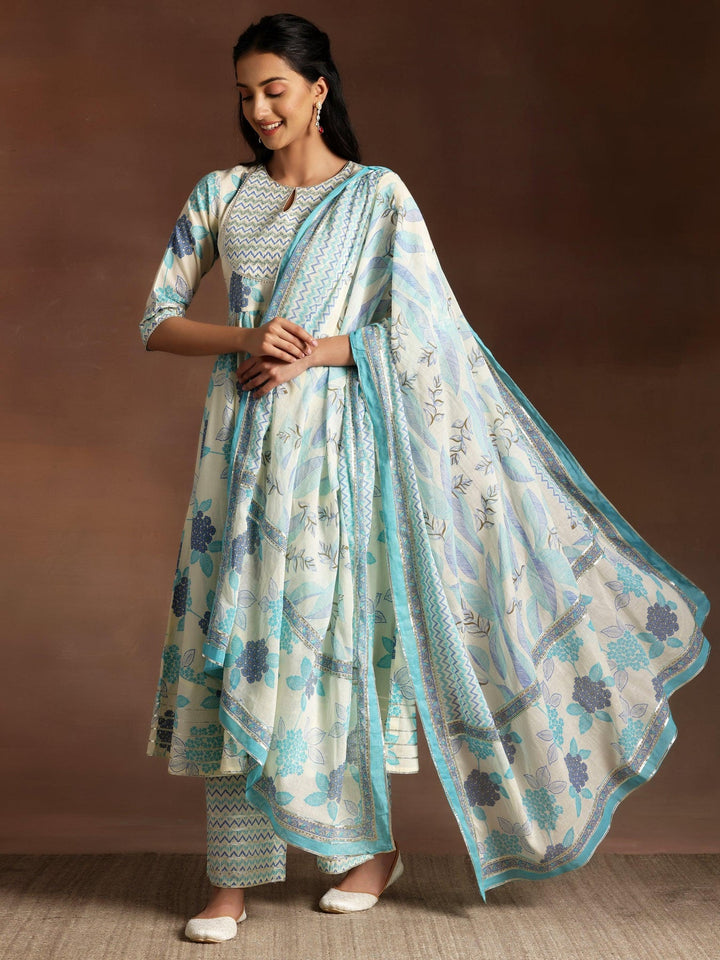 Izza Aqua Blue Floral Cotton Anarkali Set