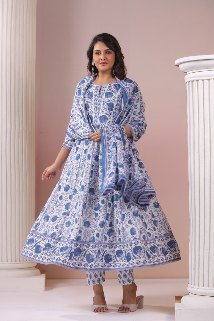 Izza Aqua Blue Floral Cotton Anarkali Set