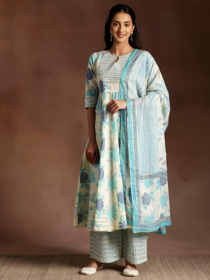 Izza Aqua Blue Floral Cotton Anarkali Set