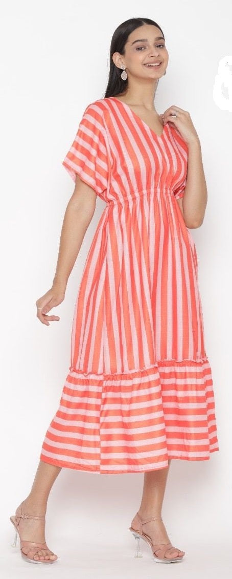 Decked Up Orange & White Striped Midi Dress