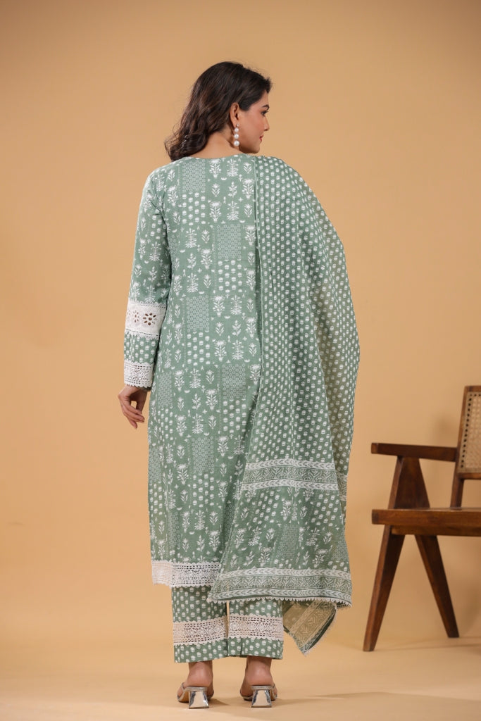 Mahek Green Cotton Straight 3pcs Suit Set