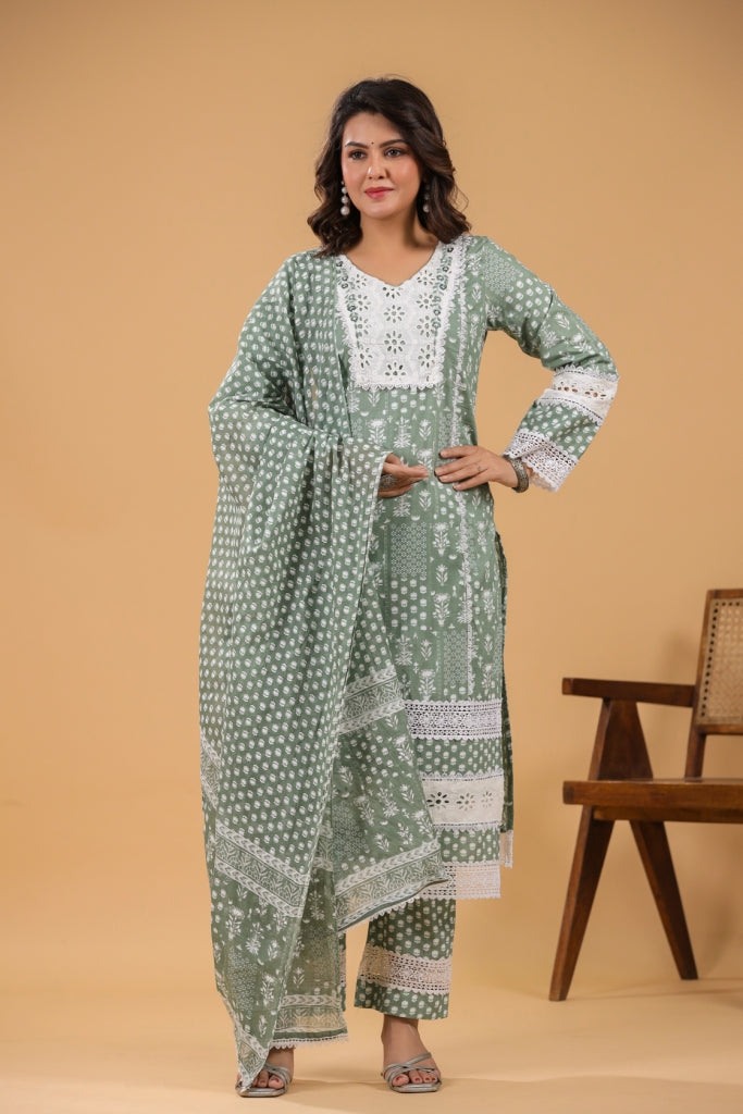 Mahek Green Cotton Straight 3pcs Suit Set