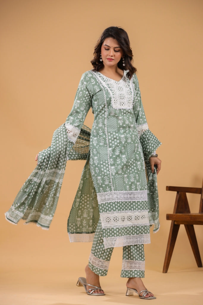 Mahek Green Cotton Straight 3pcs Suit Set