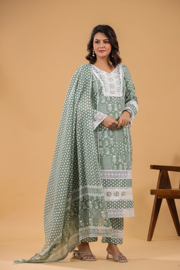 Mahek Green Cotton Straight 3pcs Suit Set