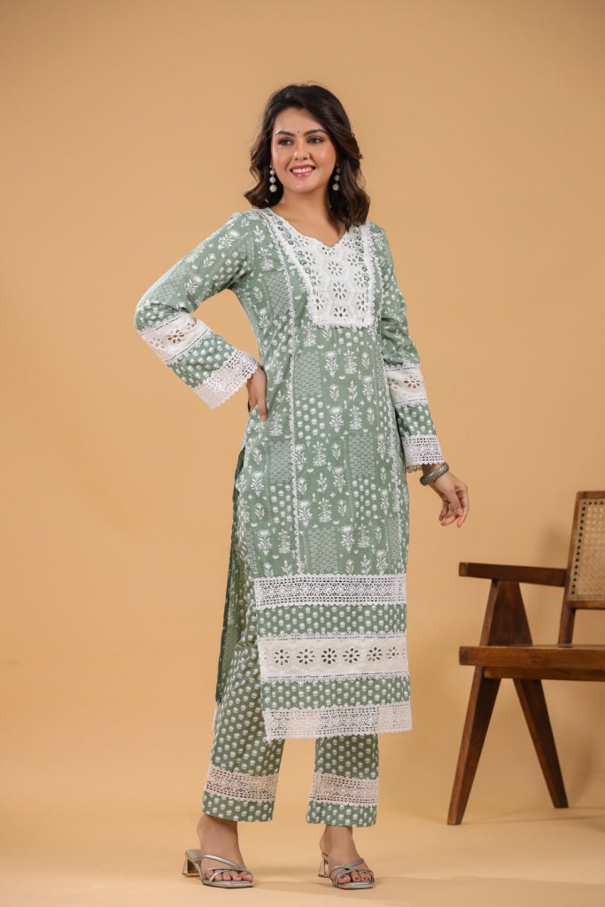 Mahek Green Cotton Straight 3pcs Suit Set