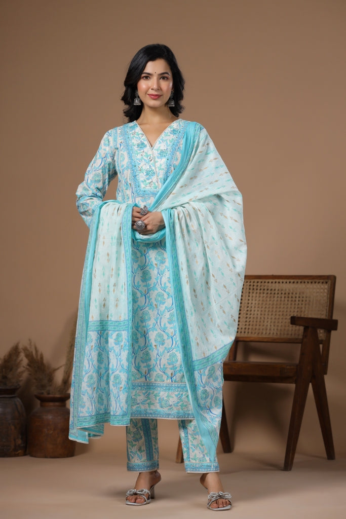 Mannat Blue Cotton 3pcs Suit Set