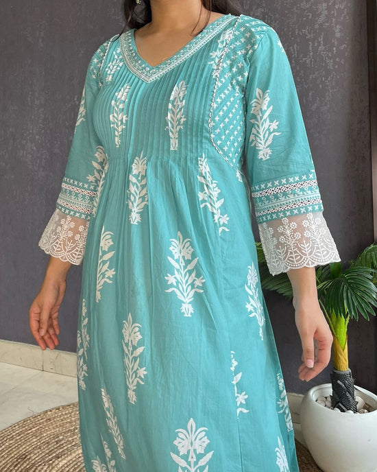 Falak Sea Blue Cotton A-Line Suit Set