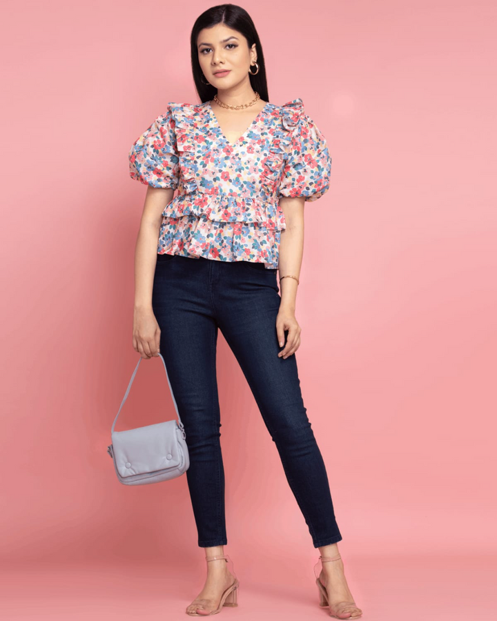 Sweetheart Puffed Sleeves Floral Top