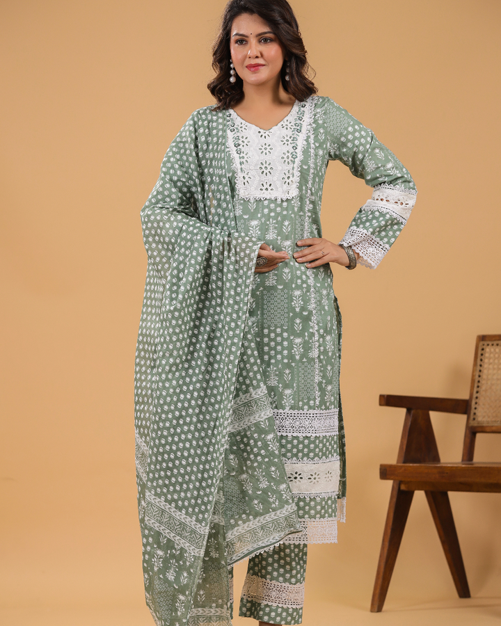 Mahek Green Cotton Straight 3pcs Suit Set