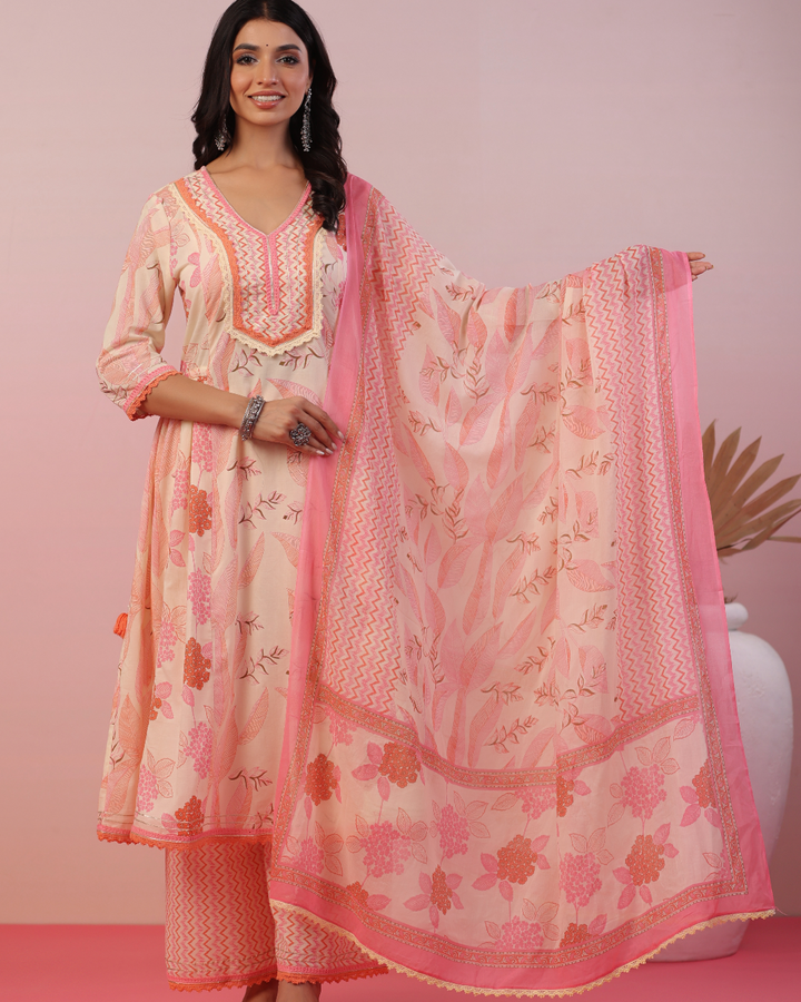 Jannat Pink Floral Cotton 3pcs Sharara Suit Set