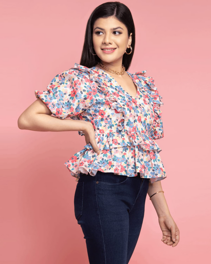 Sweetheart Puffed Sleeves Floral Top