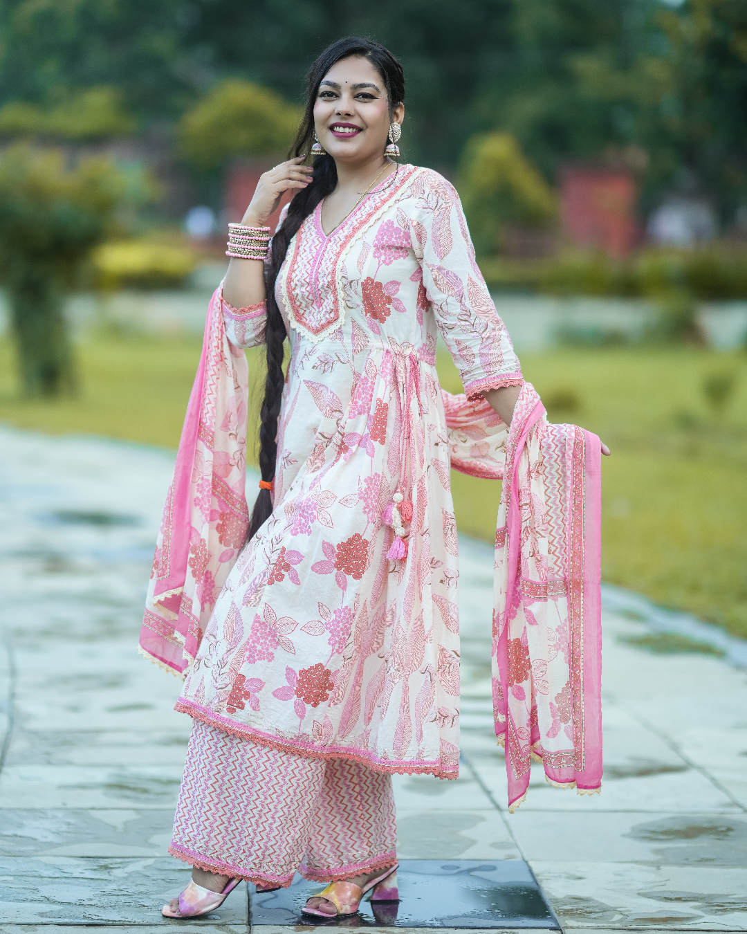 Jannat Pink Floral Cotton Anarkali Set