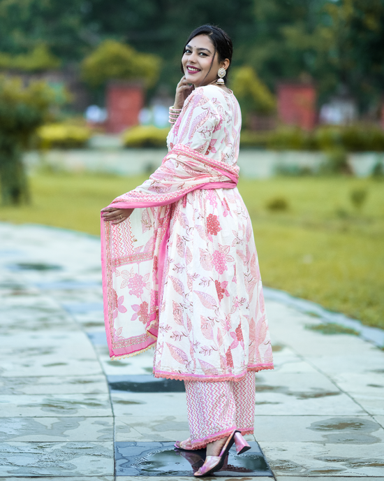 Jannat Pink Floral Cotton Anarkali Set