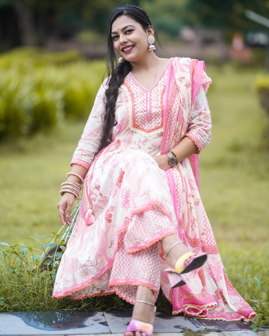 Jannat Pink Floral Cotton Anarkali Set