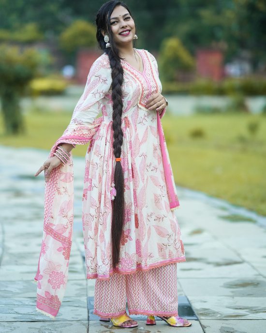 Jannat Pink Floral Cotton Anarkali Set