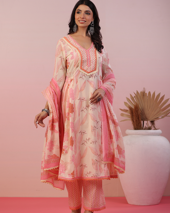 Jannat Pink Floral Cotton Anarkali Set