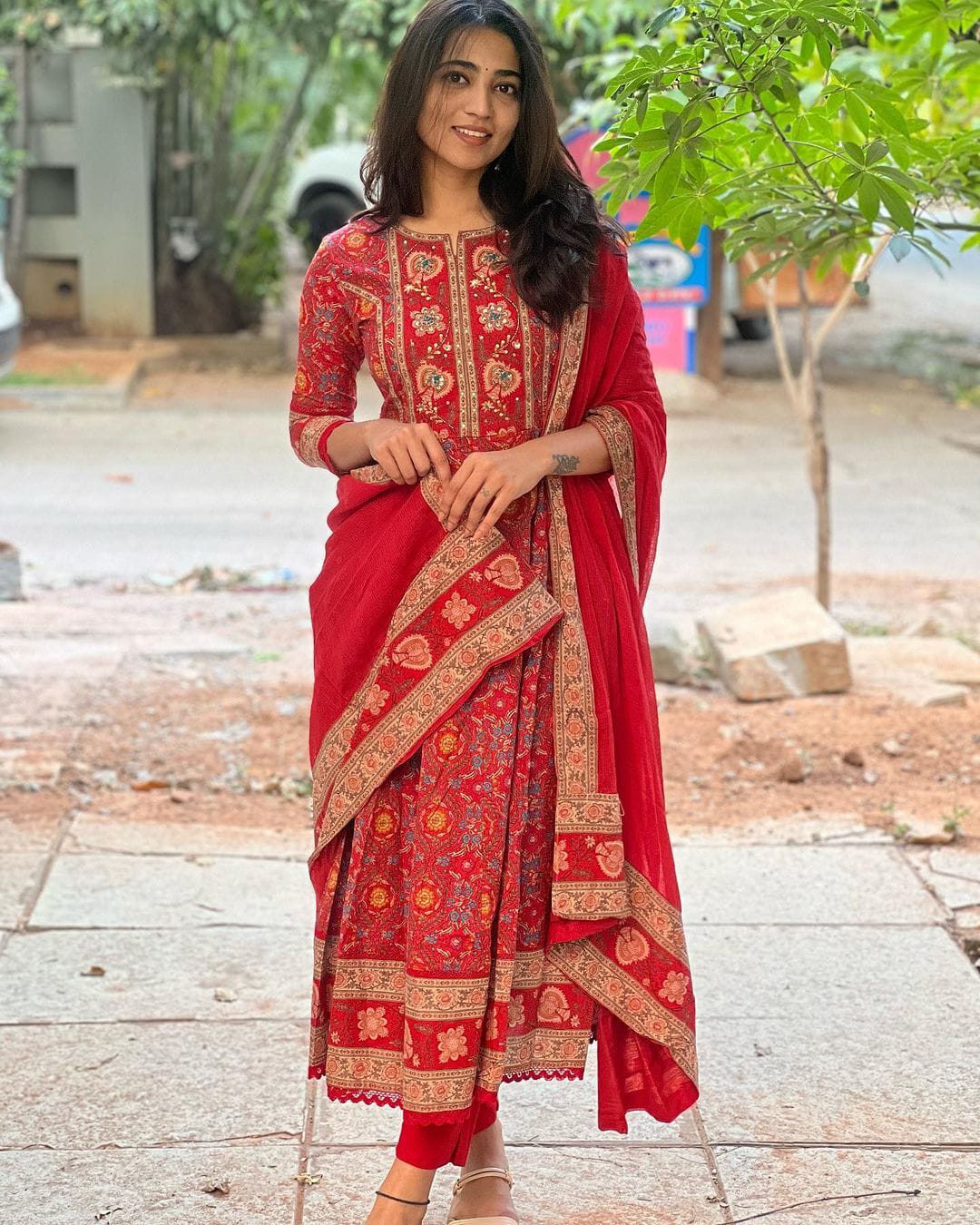 Khwaish Red Cotton Anarkali Set