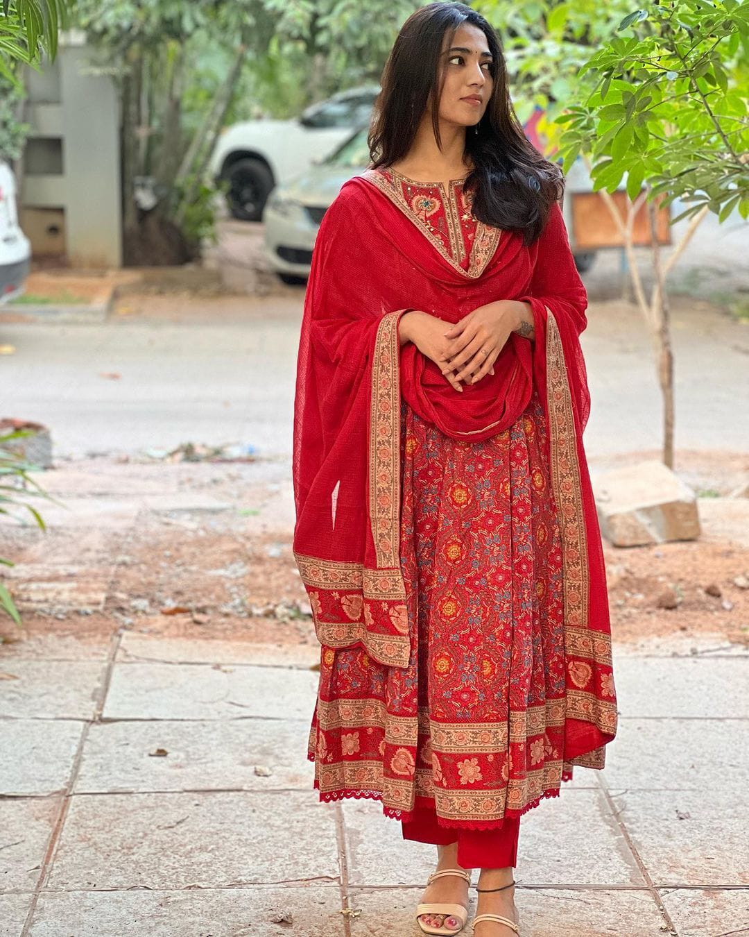 Khwaish Red Cotton Anarkali Set