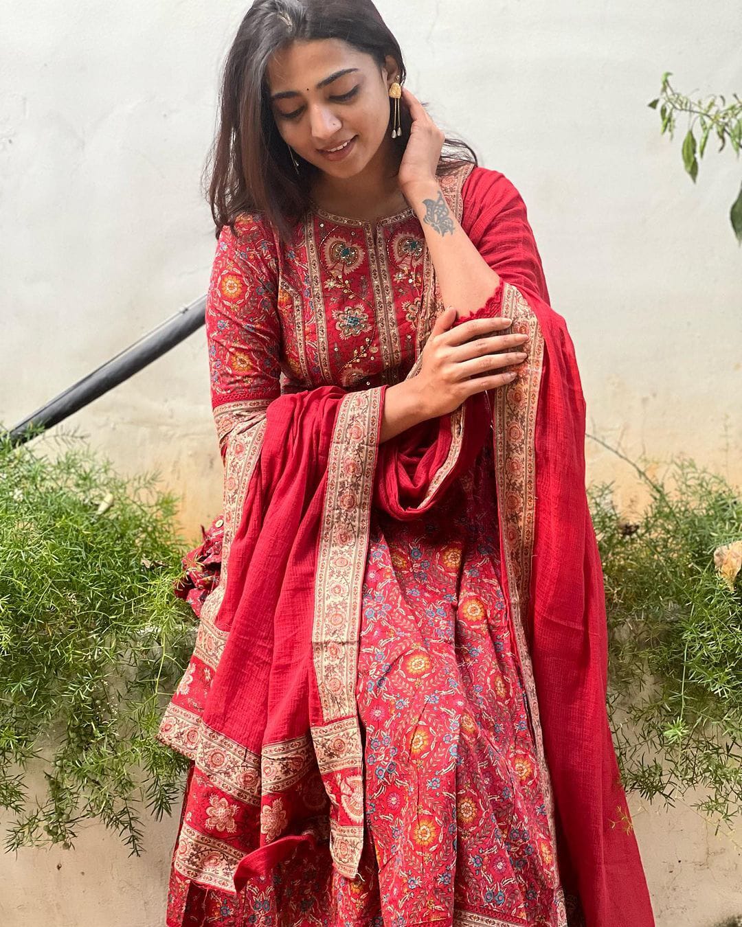 Khwaish Red Cotton Anarkali Set