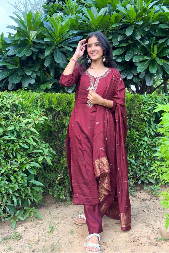 Mahira Maroon Roman Silk Set